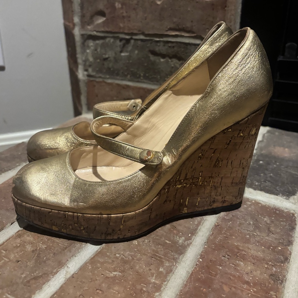 Christian Louboutin Metallic Gold Leather Cork Platform Wedge Mary Jane - Picture 9 of 16
